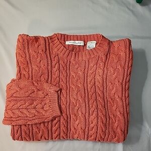 Retro 80s Ann Taylor Long Sweater Rust Orange Cable Knit Pullover 100% Cotton  M